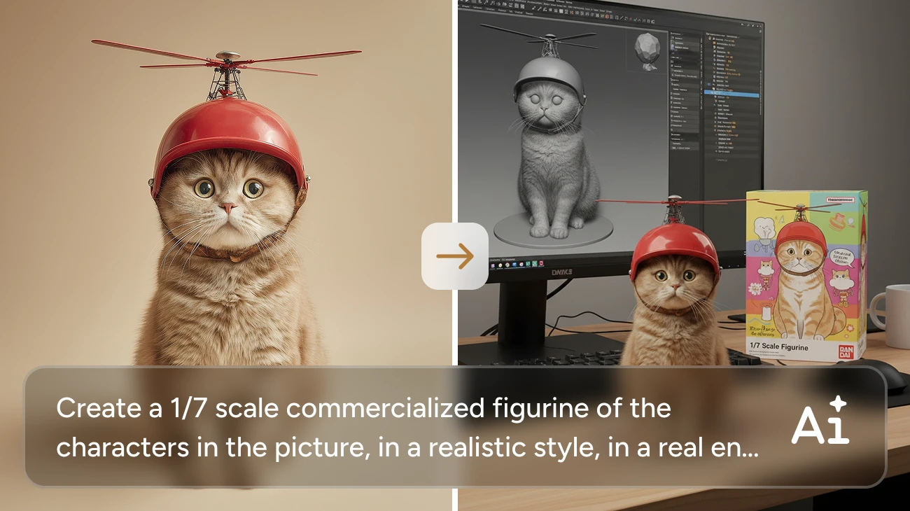 before and after effect of turning a cute cat into a 3d figurine using gemini 3.0